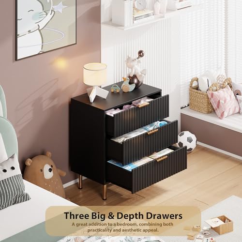 Fluted Black 3 Drawer Dresser for Bedroom with Deep Drawers