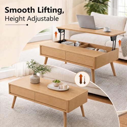 Solid Oak Wood Lift Top Coffee Table for Living Room