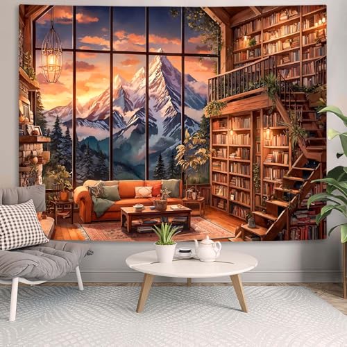 Forest Mountain Library Tapestry Fantasy Bookshelf Tapestries Wall Hanging Vintage Watercolor Nature Fairy Library Backdrop Large Tapestry for Bedroom Living Room Dorm Classroom 80 x 60 inch