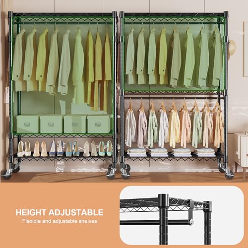 Heavy Duty Rolling Garment Rack 3 Tiers Adjustable Wire Shelving Clothes Rack with 2 Rods and Side Hooks