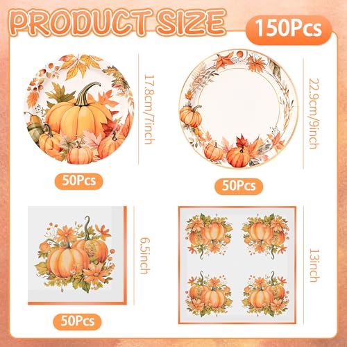 150Pcs Fall Pumpkin Paper Plates Napkins Fall Thanksgiving Party Supplies (150 Count)