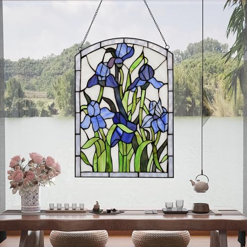 Iris Stained Glass Window Hanging 16" H x 11" W Tiffany Style Blue Rectangular Window Panel Suitable for Living Room Bedroom Kitchen Window Decoration Hangings with Chain