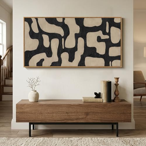 Large Framed Black and Beige Abstract Wall Art for Living Room