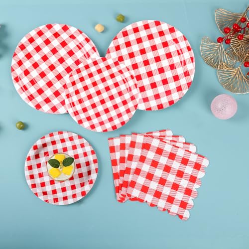 200Pcs Christmas Red Gingham Party Supplies Red Gingham Paper Plates and Napkins Cups Plaid Party Plates Disposable Reds and White Checkered Plates for Christmas Birthday Family Picnic (200 Count)