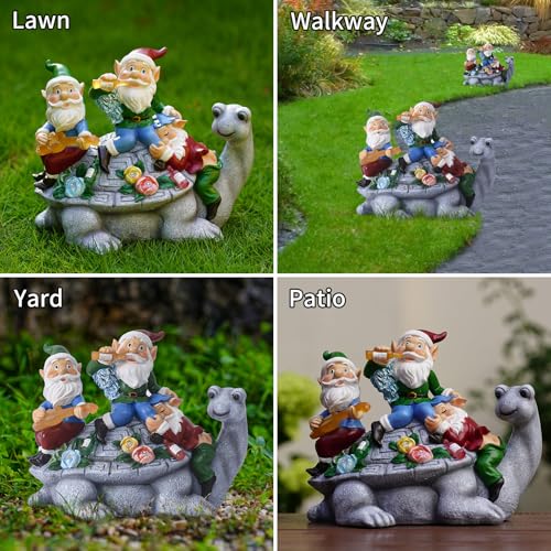 Solar Garden Outdoor Statues Gnome Turtle Three Gnomes Having Party on Turtle with 7 LED Lawn Decor Outside Decorations for Patio