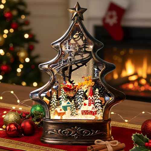 Christmas Snow Globe Lantern Water Glittering Buildings Santa's Deer with Music& Timer