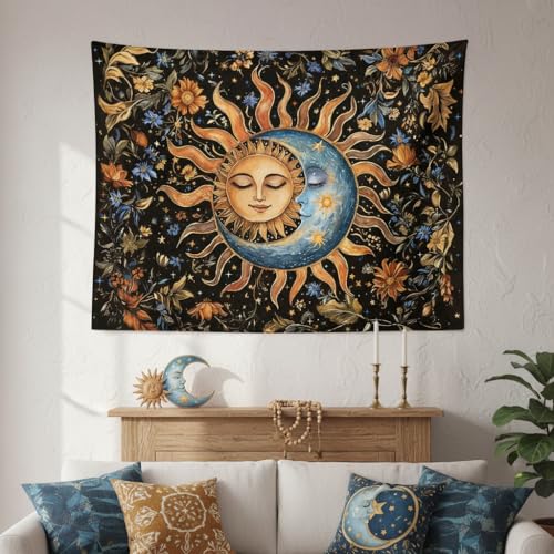 Sun and Moon Tapestry for Bedroom Boho Vintage Floral Hippie Wall Tapestry Aesthetic Retro Flower Plant Large Tapestries Wall Hanging for Living Room Dorm Decor 90 x 68 Inch