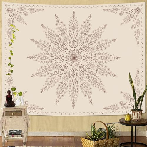 Boho Floral Mandala Tapestry for Bedroom Aesthetic Bohemian Flower Wall Tapestry Beige Hippie Indian Small Tapestries Wall Hanging for Living Room Dorm Decor 60 x 44 Inch