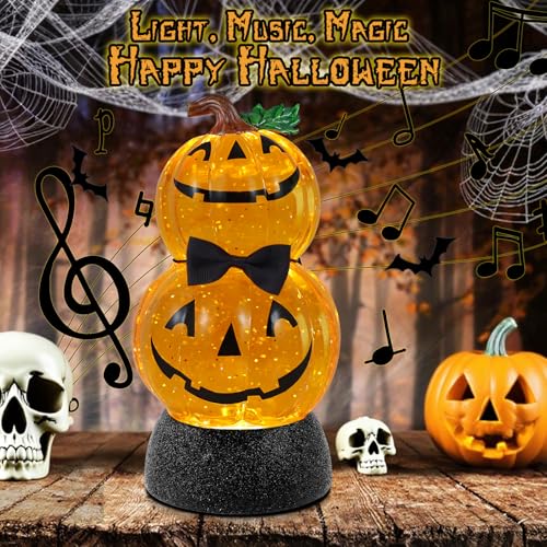 Halloween Snow Globe Lantern Lighted Pumpkin Musical Snow Globe Glitter with 6H Timer Battery and USB Operated Halloween Snow Globes Water Lantern for Spooky Festival Party Decoration