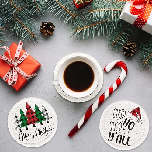 4Pcs Merry Christmas Cup Coasters Handmade Braided Cotton Drink Coasters Xmas Buffalo Plaid Anti Slip Absorbent Tabletop Protection for Home Office Party Tableware (4 Count)