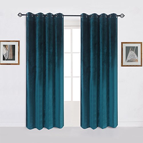 Super Soft Luxury Velvet Texture Curtains Set of 2 Dark Green Blackout Energy Efficient Grommet Curtain Panel Drapes Peacock Blue 52Wx96L