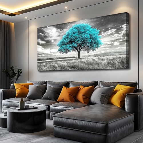 Large Canvas Wall Art For Living Room Wall Decor For Bedroom Corridor Blue Tree Natural Scenery Full Of Stars Black And White Modern Printing Dining Room Kitchen Home Decoration 30 "X 60"