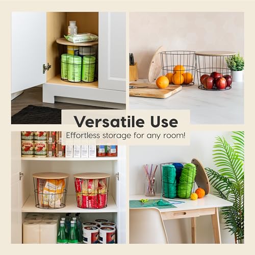 Round Wire Basket with Wooden Lid (2 Count)