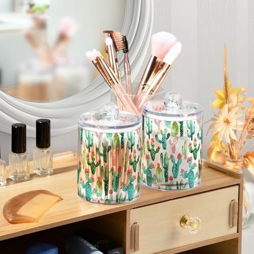 2 Pack Qtip Holder Organizer Dispenser Cactus on White Background Bathroom Storage Canister Cotton Ball Holder Container for Cotton Pads (2 Count)