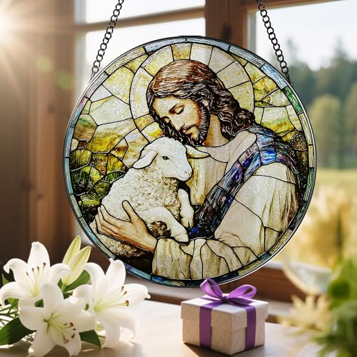 8 Inches Jesus Holding Lamb Painted Stained Glass Suncatcher