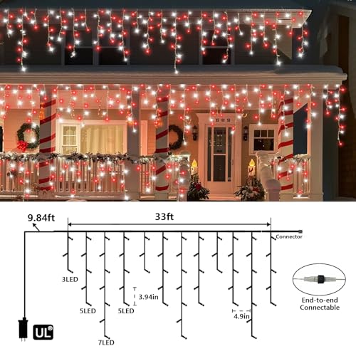 Red and White Icicle Lights for Outside (33 Foot)