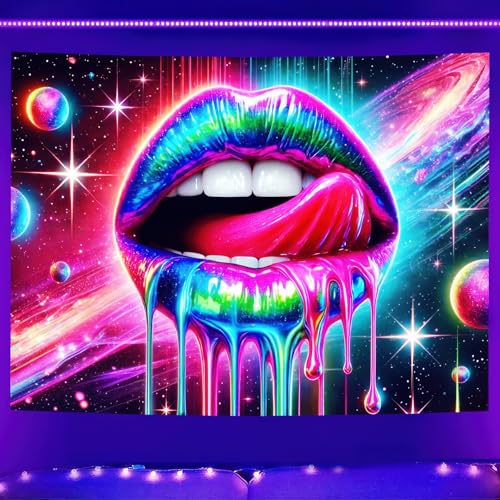 Blacklight Tapestry Rainbow Lips Neon Decor 78 x 59 Inch