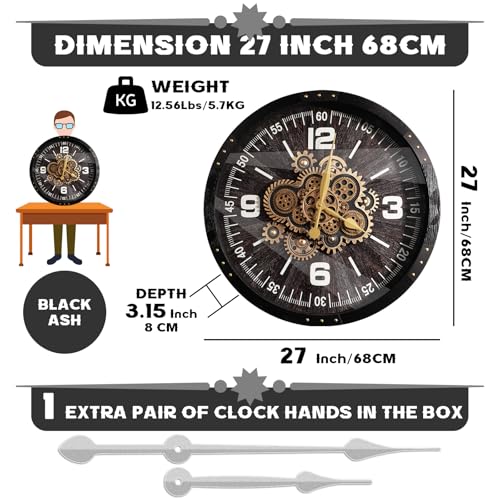 27 inch Large Real Moving Gears Wall Clocks for Living Room Decor