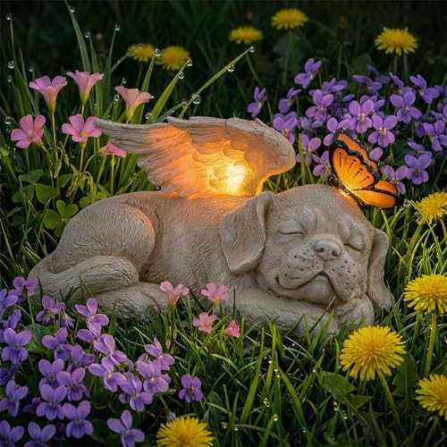 Sleeping Dog Angel Statue with Solar Light