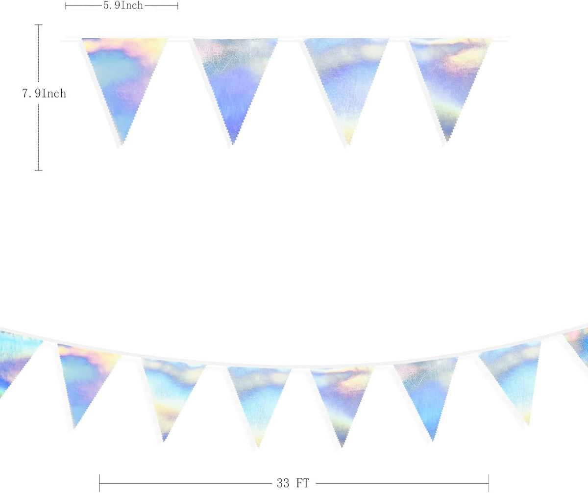 33Ft Iridescent Party Decoration Holographic Fabric Triangle Pennant Banner Flag Cotton Bunting Garland for Birthday Wedding Bridal Shower Bachelorette Engagement Disco Euphoria Galaxy Party Supplies - HavenBliss Decor