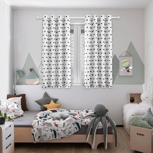 Blackout Curtains for Kids Bedroom 100% Light Block Out Thermal Insulated Curtain 63 Inches Grommet Room Darkening Curtains Privacy Window Drapes with Black Pom Pom Sheer 2 PCS (2 Count)