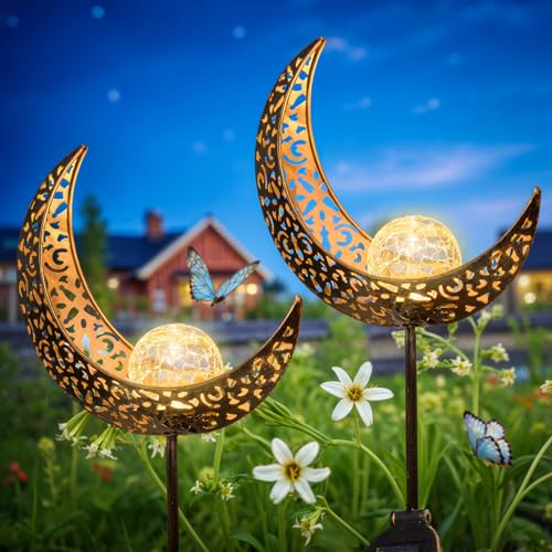 2Pack Moon Garden Gifts Solar Lights Outdoor Stakes Waterproof (2 Count)
