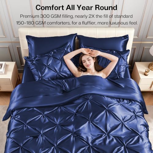 Satin Twin XL Comforter Set Navy Blue