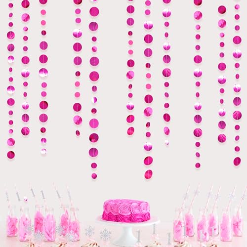 Hot Pink Party Decorations Circle Dots Garland Metallic Rose Pink Hanging Paper Polka Dots Streamer for Bachelorette Birthday Engagement Wedding Bridal Shower Anniversary Party Supplies