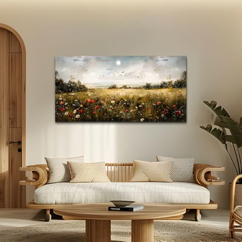 Large Wall Art Living Room Wall Decor for Bedroom Wildflower Field Vintage Wall Art Canvas Prints Paintings Farmhouse Artworks Pictures Modern Aesthetic Home Wall Decoration Ready To Hang