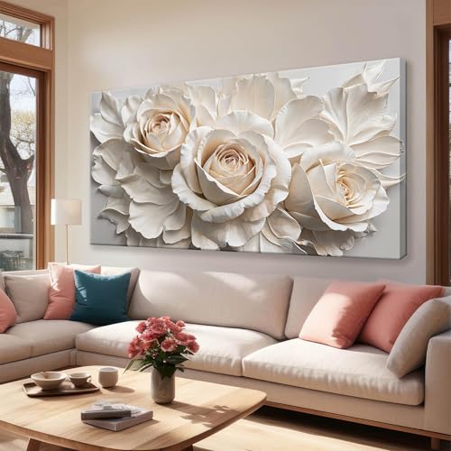 Modern White Flower Canvas Wall Art Decor For Living Room 24" X 48"