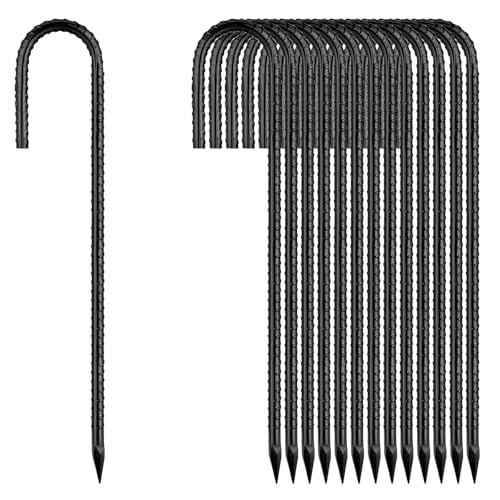 Rebar-Stakes-12-Inch, Ground Stakes Heavy Duty J-Hook Black Coated Anti-Rust Heavy Duty Ground Anchors for Garden Dog Fence Chicken Coop Christmas Decorations Deer Fence 20pcs (20 Count)