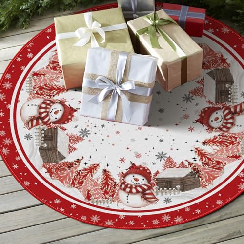 Red Snowflake Snowman Cardinal Christmas Tree Skirt 48 Inch