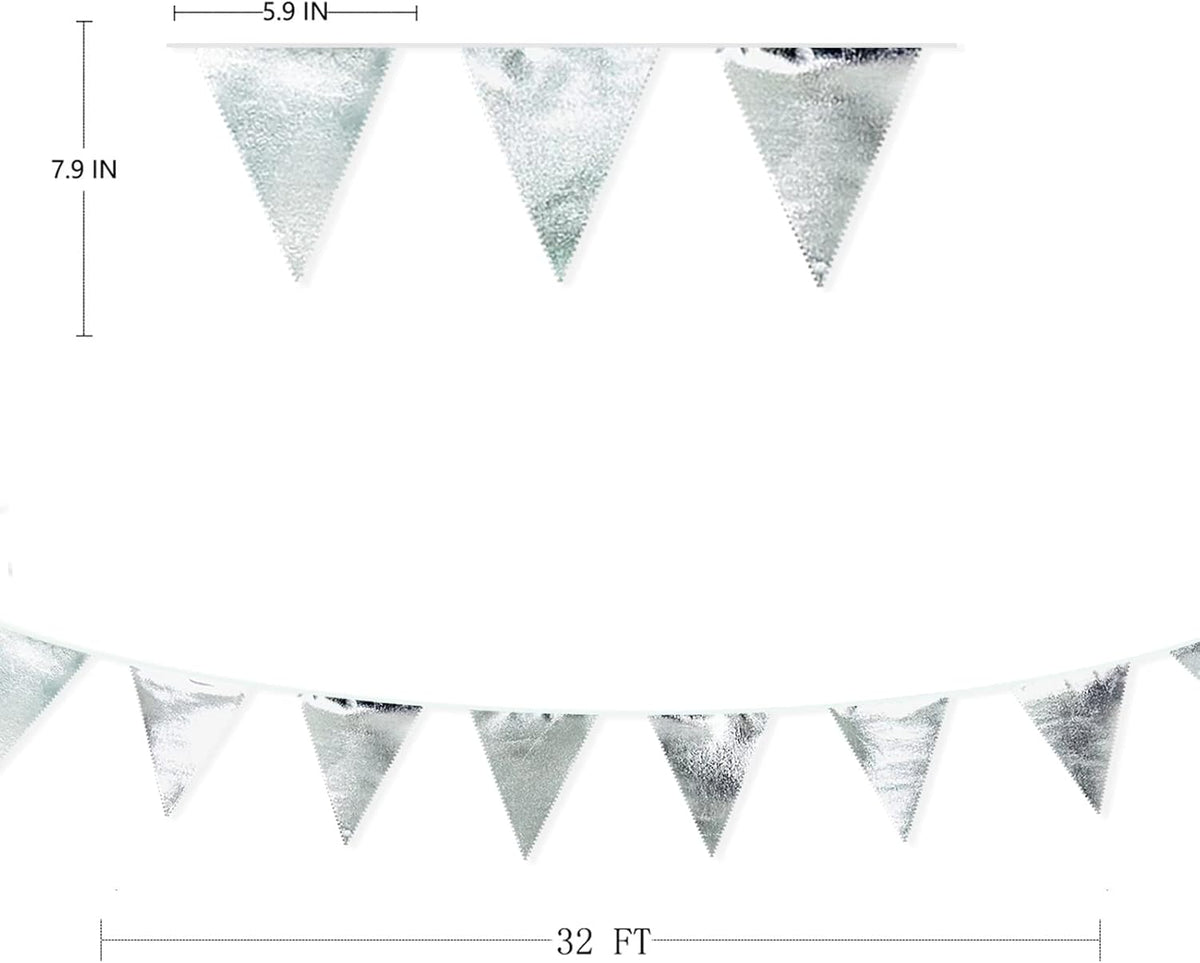 Silver Party Decorations Metallic Fabric Triangle Pennant Banner Silver Flag Bunting Garland for Graduation Birthday Wedding Bridal Shower Anniversary Engagement Bachelorette Party Decoration Supplies - HavenBliss Decor
