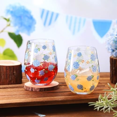 2 Pack 17oz Hydrangea Stemless Wine Glasses Spring Summer Floral Drinking Glasses Hydrangea Tumbler Cups for Spring Summer Parties Supplies Birthday Gift (2 Count)
