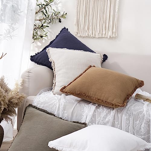 Decorative Linen Fringe Throw Pillow Covers 26×26 Khaki Brown (2 Count)
