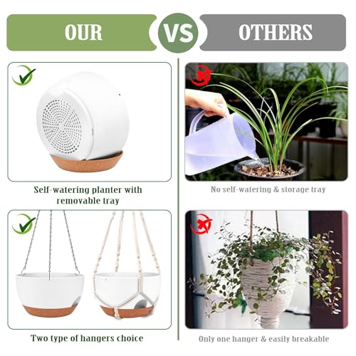10 Inch Self Watering Hanging Planters with Metal Chain & Macrame Hangers (2 Count)