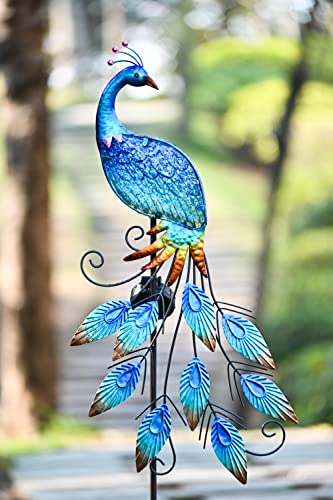 Solar Metal Glass Peacock Stake Light Gift 40"