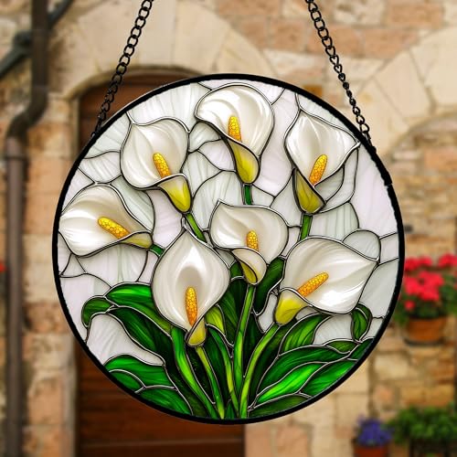 White Calla Lily Bouquet Stained Glass Window Hanging Suncatcher Gifts 12"