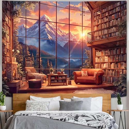 Forest Mountain Library Tapestry Fantasy Bookshelf Tapestries Wall Hanging Watercolor Nature Fairy Sunset Library Backdrop Large Tapestry for Bedroom Living Room Dorm Classroom 80 x 60 inch