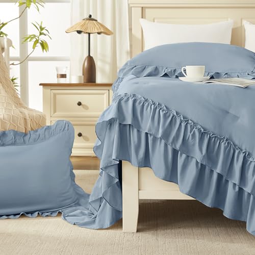 Grayish Blue Ruffle Comforter Set King