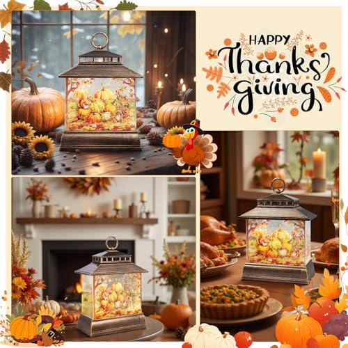 Fall Snow Globe Lantern Thanksgiving Pumpkins and Squirrels Water Lantern with Swirling Glitter 6H Timer Remote Control Fall Decorations for Home Thanksgiving Autumn Harvest