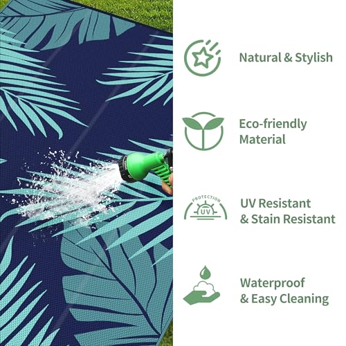 Outdoor Rug Waterproof Plastic Rugs 10'x14' for Camping Blue Green