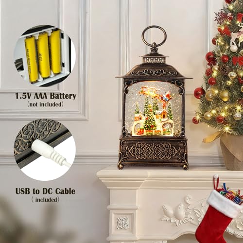 Village Snow Globe Christmas Decorations Indoor Santa Claus Reindeer Church Cabin Snow Village Scene Gifts Classic Relief Texture Musical Glitter Snowfall USB
