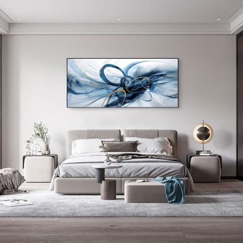 Extra‑Large Abstract Canvas Wall Art Navy Blue and Gold 86x39 Inch
