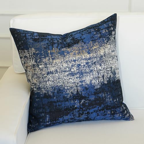 Navy Champagne Metallic Jacquard Throw Pillow Cover 20x20 Velvet Back Modern Glam Sofa Decor