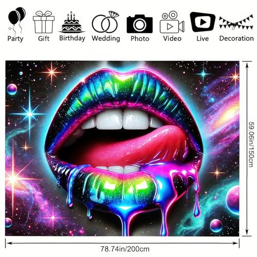 Blacklight Tapestry Rainbow Lips UV Backdrop 78 x 59 Inch