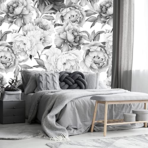 Gray Peonies Wallpaper Watercolor Floral Mural Wallpaper for Nursery (120.75 Sq Ft)