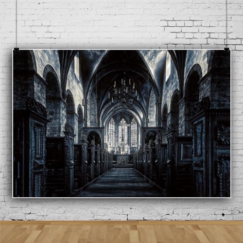 10x8ft Scary Church Halloween Backdrop Dark Black Horror Gothic Medieval Castle Interior Photography Background Halloween Night Carnival Theme Party Decor Banner Photo Studio Props