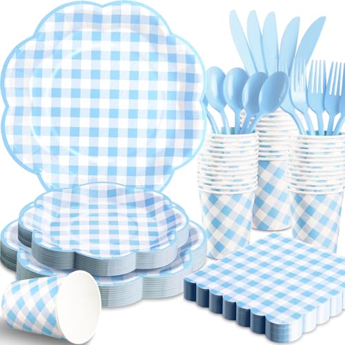 175 Pcs Blue Gingham Plates and Napkins Party Supplies