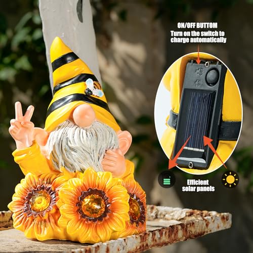 Garden Funny Gnome Statue with Crystal Sunflower Lights